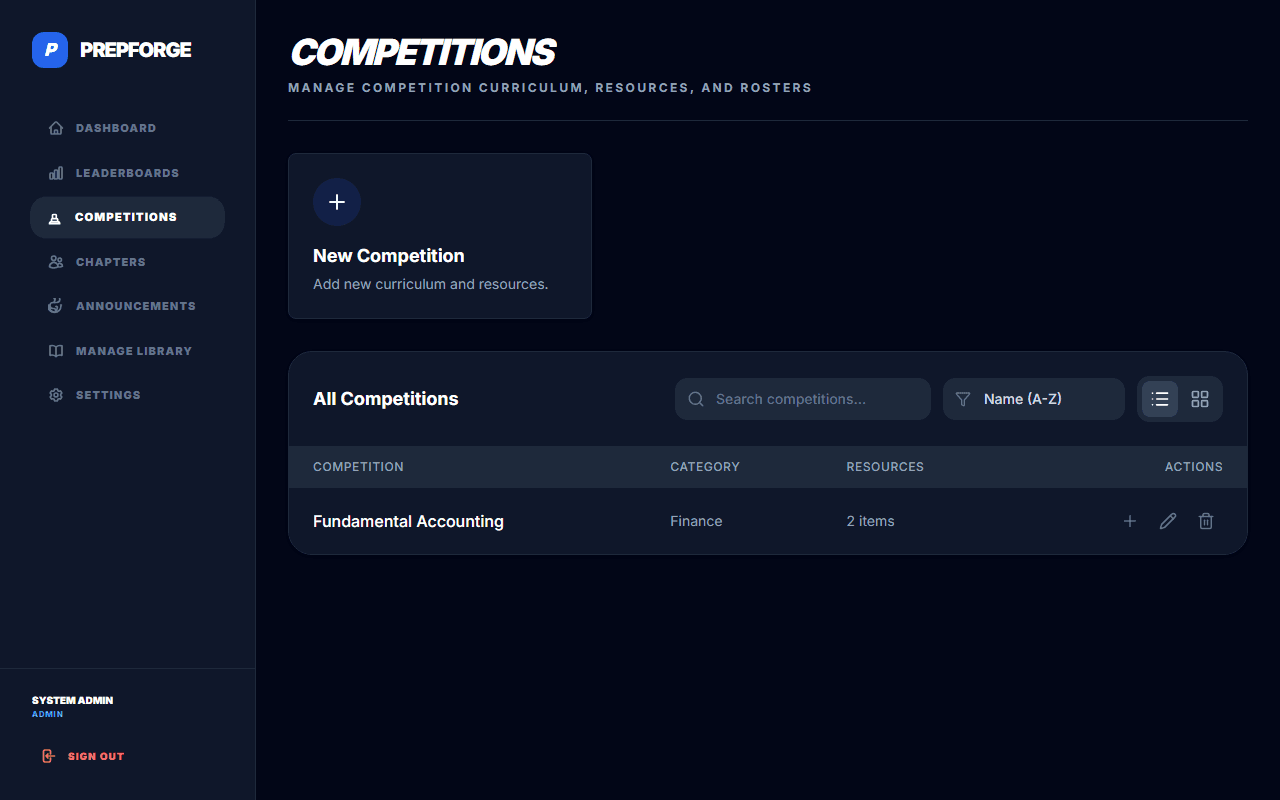 Competitions screen in PrepForge